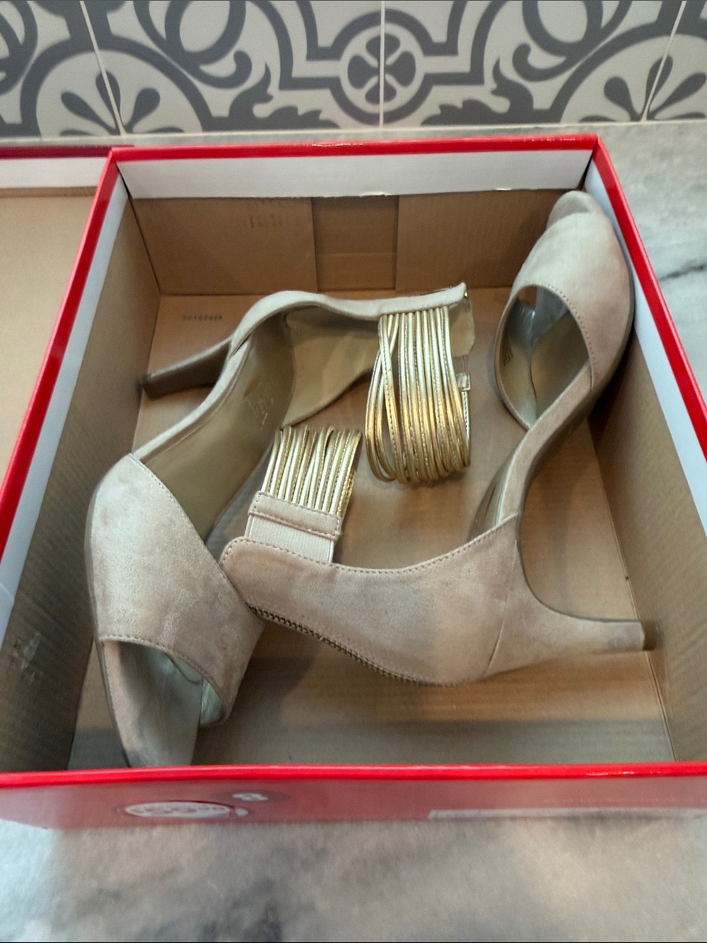 A2 By Aerosoles Nude Taupe Suede Open-Toe Heels with Gold Ankle Cuff